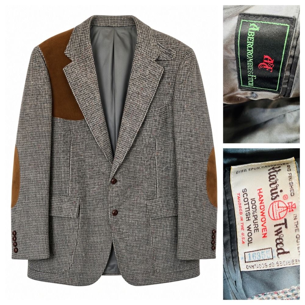 Vtg Abercrombie Fitch Harris Tweed Shooting Jacket Norfolk Wool Patch 42R L